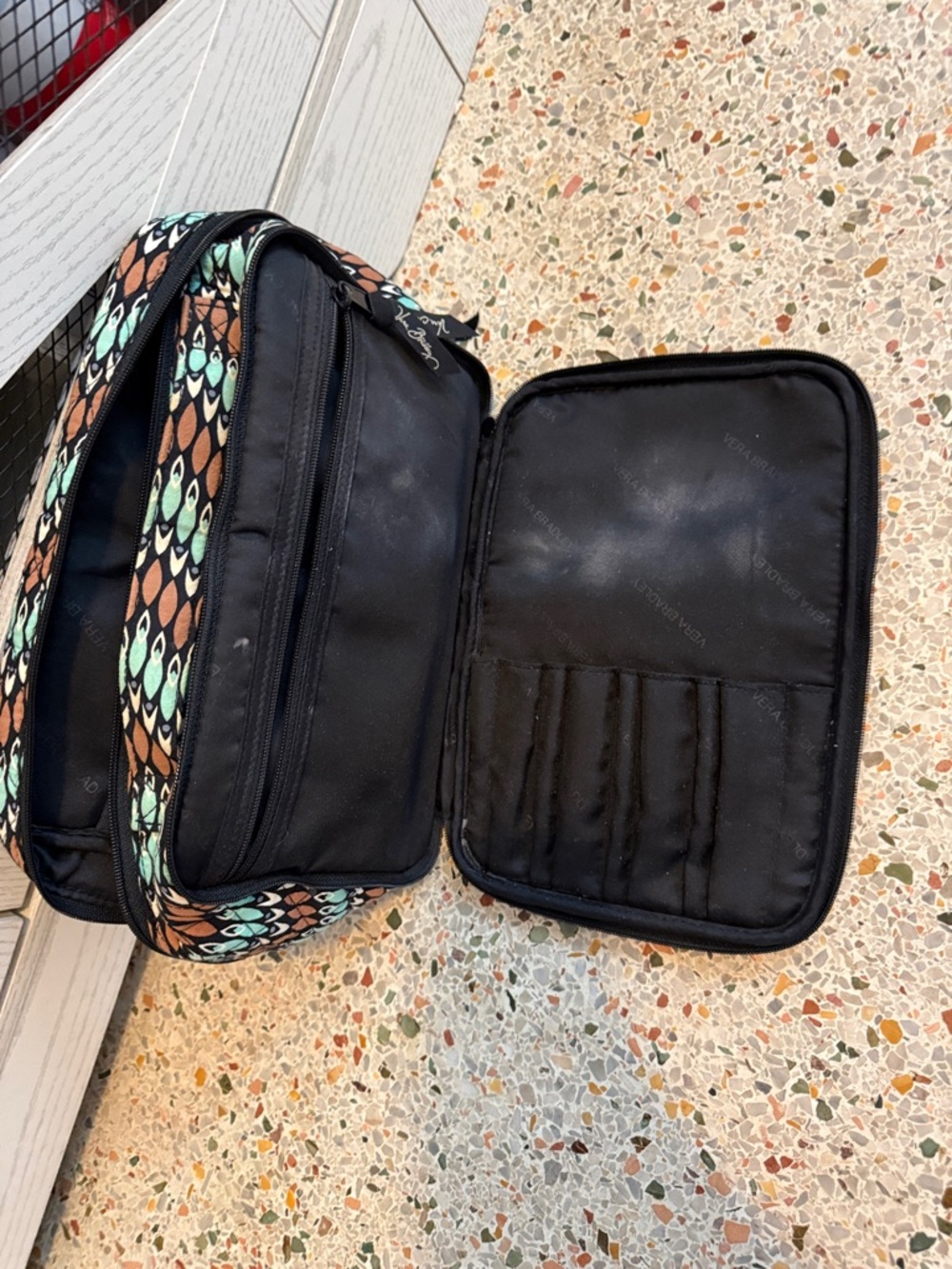 Vera Bradley Black Toiletry Bag with Brown and Mint Patterned Strap